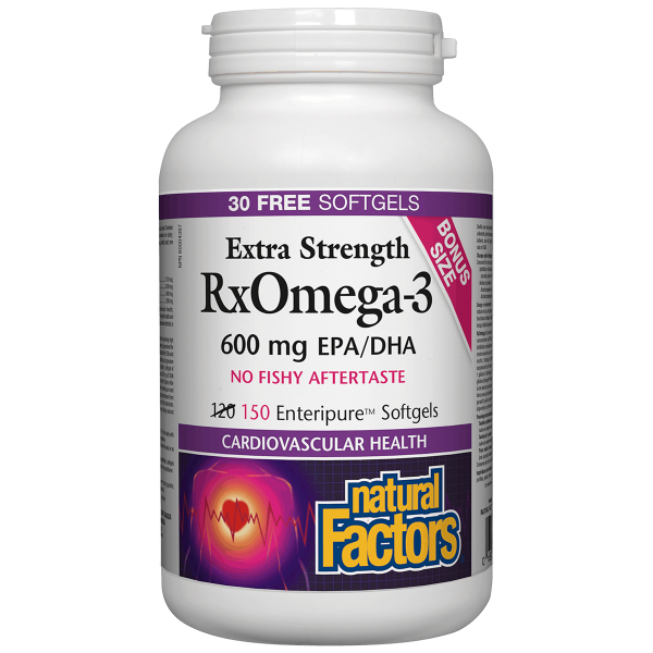 Natural Factors RxOmega-3 Factors Extra Strength is a highly concentrated form of omega-3 fatty acids extracted from a safe, pure source. Each dose provides an optimal 2:1 ratio of EPA to DHA that supports cardiovascular and cognitive health, brain function, and reduced symptoms of rheumatoid arthritis.
