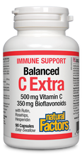 Load image into Gallery viewer, Natural Factors Balanced C Extra combines 500 mg of vitamin C with 350 mg of bioflavonoids for antioxidant and immune support. Bioflavonoids enhance the absorption of vitamin C for better support of the immune system, to aid wound healing and connective tissue formation, and to support the normal development and maintenance of bones, cartilage, teeth, and gums. Enhances immune system function Helps with the normal development and maintenance of bones, cartilage, teeth, and gums.