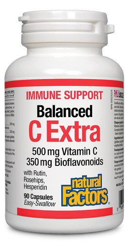 Natural Factors Balanced C Extra combines 500 mg of vitamin C with 350 mg of bioflavonoids for antioxidant and immune support. Bioflavonoids enhance the absorption of vitamin C for better support of the immune system, to aid wound healing and connective tissue formation, and to support the normal development and maintenance of bones, cartilage, teeth, and gums. Enhances immune system function Helps with the normal development and maintenance of bones, cartilage, teeth, and gums.