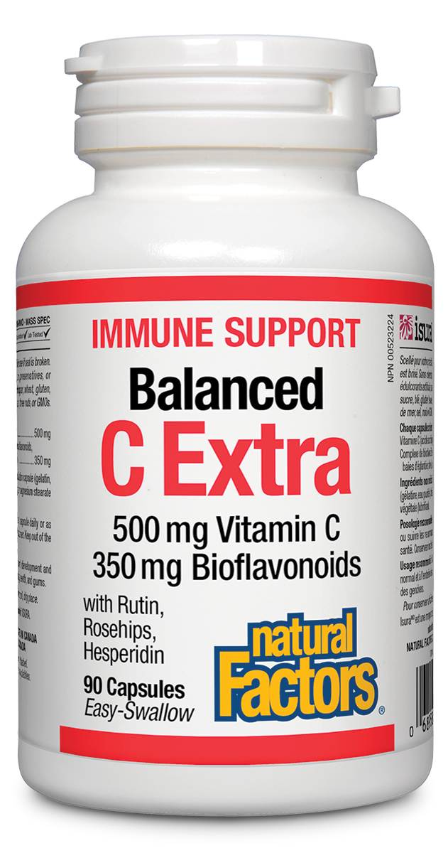 Natural Factors Balanced C Extra combines 500 mg of vitamin C with 350 mg of bioflavonoids for antioxidant and immune support. Bioflavonoids enhance the absorption of vitamin C for better support of the immune system, to aid wound healing and connective tissue formation, and to support the normal development and maintenance of bones, cartilage, teeth, and gums. Enhances immune system function Helps with the normal development and maintenance of bones, cartilage, teeth, and gums.
