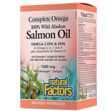 Load image into Gallery viewer, Natural Factors was the first Canadian company to offer whole, natural salmon oil from wild-caught Alaskan salmon, and has been doing so for over 25 years. Complete Omega 100% Wild Alaskan Salmon Oil provides the full spectrum of synergistic omega fatty acids, as well as naturally occurring astaxanthin and vitamin D. 