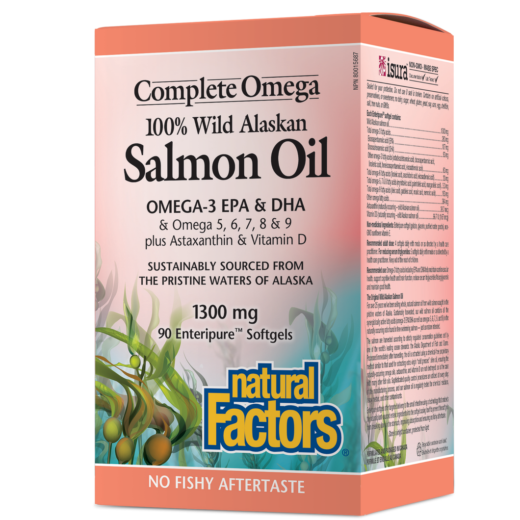 Natural Factors was the first Canadian company to offer whole, natural salmon oil from wild-caught Alaskan salmon, and has been doing so for over 25 years. Complete Omega 100% Wild Alaskan Salmon Oil provides the full spectrum of synergistic omega fatty acids, as well as naturally occurring astaxanthin and vitamin D. 
