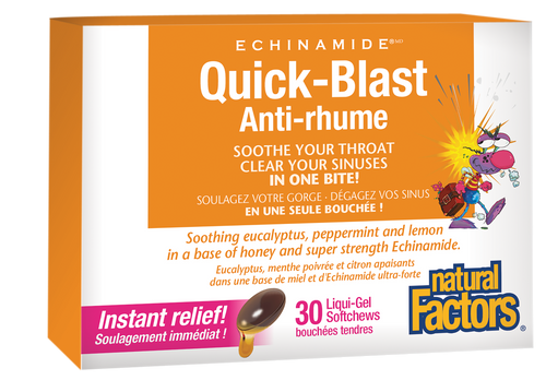 ECHINAMIDE Quick-Blast provides fast relief for sore throats and sinus congestion – in one bite! Quick-Blast chewable softgels don’t just relieve symptoms; they also help fight off infections and reduce the duration of colds. Fast-acting liquid-gel softchews Clears sinus congestion and soothes sore throats. 