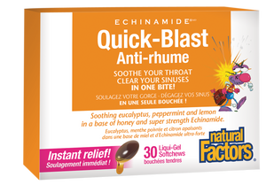 ECHINAMIDE Quick-Blast provides fast relief for sore throats and sinus congestion – in one bite! Quick-Blast chewable softgels don’t just relieve symptoms; they also help fight off infections and reduce the duration of colds. Fast-acting liquid-gel softchews Clears sinus congestion and soothes sore throats. 