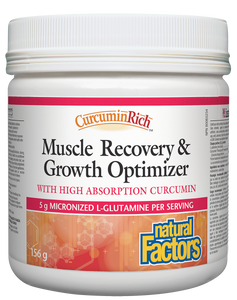 Natural Factors CurcuminRich Muscle Recovery & Growth Optimizer combines high-absorption Theracurmin with a micronized form of the amino acid L-glutamine. The drink mix promotes muscle and immune system recovery after periods of intense physical stress by helping to restore blood glutamine levels and support antioxidant defense.