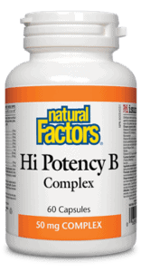 Natural Factors Hi Potency B Complex is a one-per-day formula that provides the full spectrum of all essential B vitamins. Each capsule contains a 50 mg potency that enhances energy levels by helping the body metabolize carbohydrates, proteins, and fats, as well as supporting red blood cell formation. 