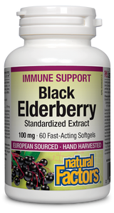 Natural Factors Black Elderberry features ElderCraft® black elderberries hand-harvested in Austria and extracted using a unique solvent-free process. Helps relieve fever associated with the common cold and flu, as used in herbal medicine. Traditionally used to relieve symptoms of colds and flu such as cough, sore throat, and catarrh of the upper respiratory tract Provides antioxidants.