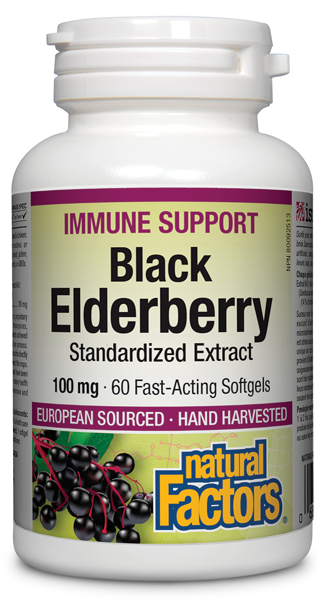 Natural Factors Black Elderberry features ElderCraft® black elderberries hand-harvested in Austria and extracted using a unique solvent-free process. Helps relieve fever associated with the common cold and flu, as used in herbal medicine. Traditionally used to relieve symptoms of colds and flu such as cough, sore throat, and catarrh of the upper respiratory tract Provides antioxidants.