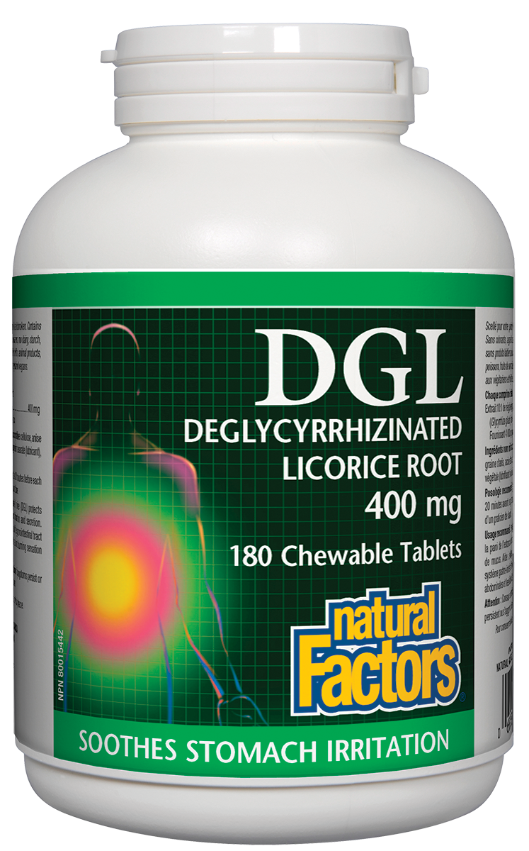 Natural Factors DGL Licorice Root Extract aids digestion and treats stomach complaints, including heartburn and indigestion. It soothes and protects the stomach lining, helping to heal ulcers and prevent their recurrence. 