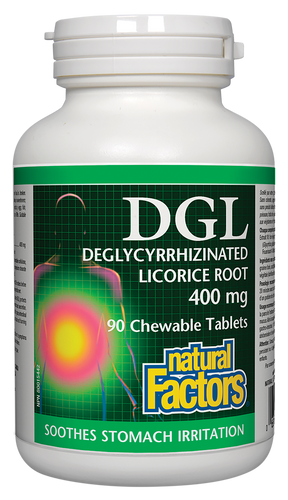Natural Factors DGL Licorice Root Extract aids digestion and treats stomach complaints, including heartburn and indigestion. It soothes and protects the stomach lining, helping to heal ulcers and prevent their recurrence. 