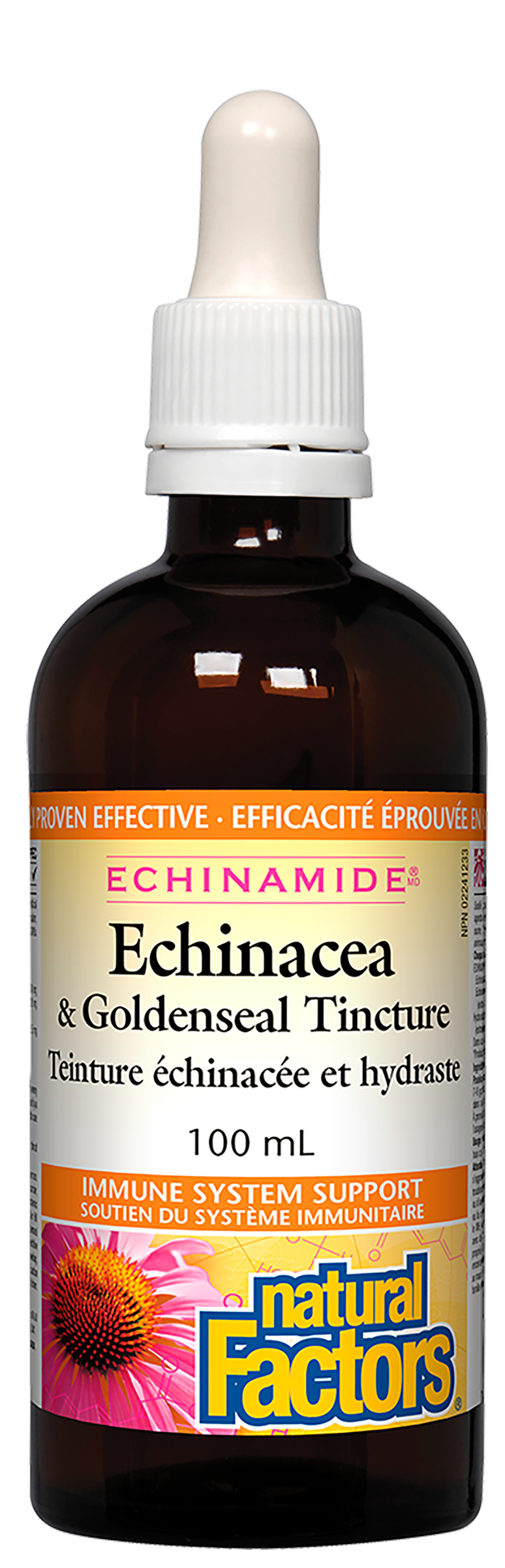 Natural Factors ECHINAMIDE Echinacea & Goldenseal Tincture is certified organic and clinically proven for relief of sore throats and coughs. This combination of British Columbia-grown echinacea flowers and roots with goldenseal roots work together to fight a broad spectrum of viruses, bacteria, fungi, and yeasts. 