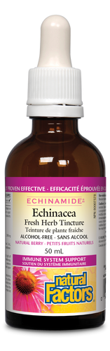 Natural Factors ECHINAMIDE Echinacea Alcohol-free Fresh Herb Tincture, in natural berry flavour, contains clinically proven and certified organic echinacea. It helps fight off infections and relieve symptoms associated with the upper respiratory tract. Ideal for those who want effective immune support without an alcohol base.
