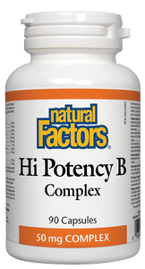 Natural Factors Hi Potency B Complex is a one-per-day formula that provides the full spectrum of all essential B vitamins. Each capsule contains a 50 mg potency that enhances energy levels by helping the body metabolize carbohydrates, proteins, and fats, as well as supporting red blood cell formation. 