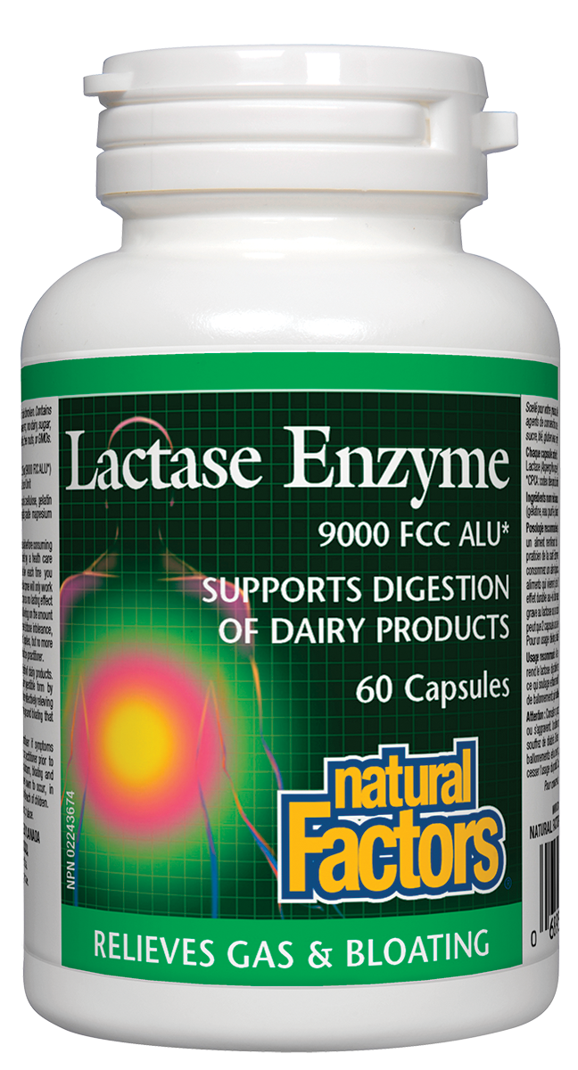 Natural Factors Lactase Enzyme helps prevent the symptoms of lactose intolerance and assists in the digestion of dairy products. Lactose intolerance is the inability to digest lactose (milk sugar), caused by the lack of lactase, the enzyme responsible for breaking down lactose in the digestive tract. Reduces the symptoms associated with lactose intolerance Minimizes gas and bloating Reduces cramps and abdominal pain Helps digest foods with dairy Lactose intolerance.