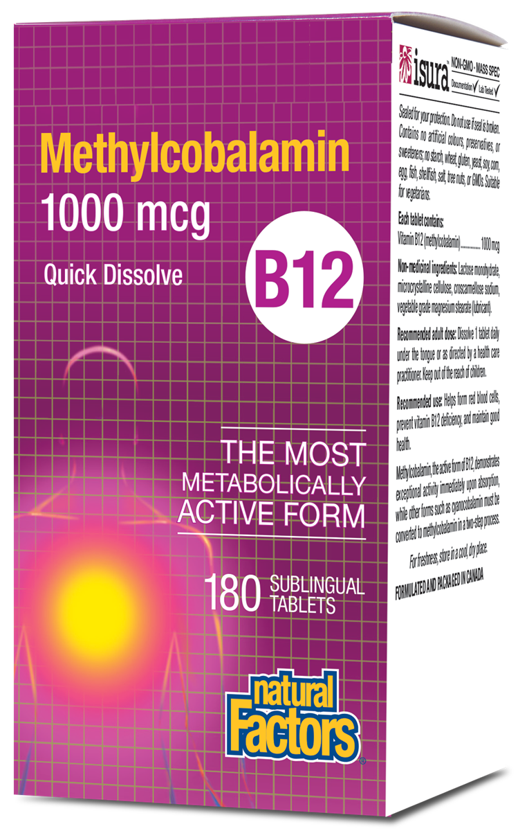 Natural Factors Methylcobalamin B12 provides vitamin B12 in its most bioactive form. This one-per-day sublingual formula supports the normal function of the immune system, energy metabolism, red blood cell formation, and helps maintain good health. 