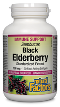 Load image into Gallery viewer, Natural Factors Black Elderberry features ElderCraft® black elderberries hand-harvested in Austria and extracted using a unique solvent-free process. Helps relieve fever associated with the common cold and flu, as used in herbal medicine. Traditionally used to relieve symptoms of colds and flu such as cough, sore throat, and catarrh of the upper respiratory tract Provides antioxidants.