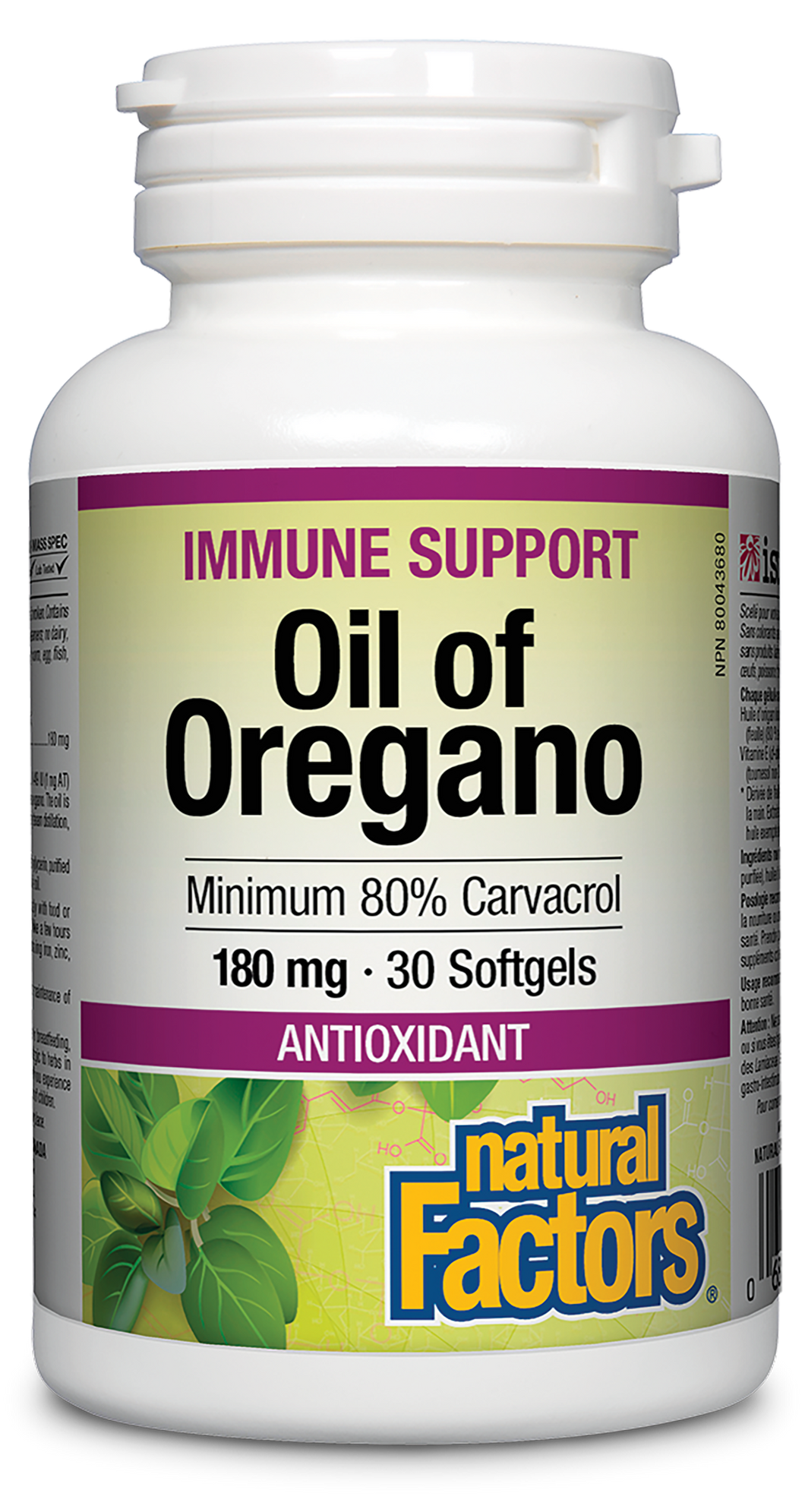 Oil of oregano is a potent herbal antimicrobial that effectively tackles bacterial, yeast, fungal, and parasitic infections. It offers powerful antioxidant protection, immune system support, and is used to help relieve various respiratory conditions. Natural Factors Organic Oil of Oregano softgels are a convenient way to take this pungent herb.