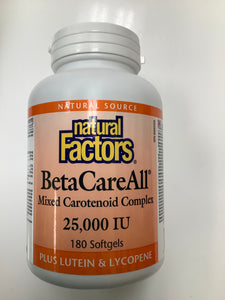 Mixed carotenoids for antioxidant protection.  Natural Factors BetaCareAll is a unique mixed carotenoid formula containing natural beta-carotene and beneficial carotenoids such as lycopene and lutein. Converted into vitamin A in the body, beta-carotene is essential to many processes, including maintenance of healthy skin, vision, mucous membranes, bones and teeth, and immune function.