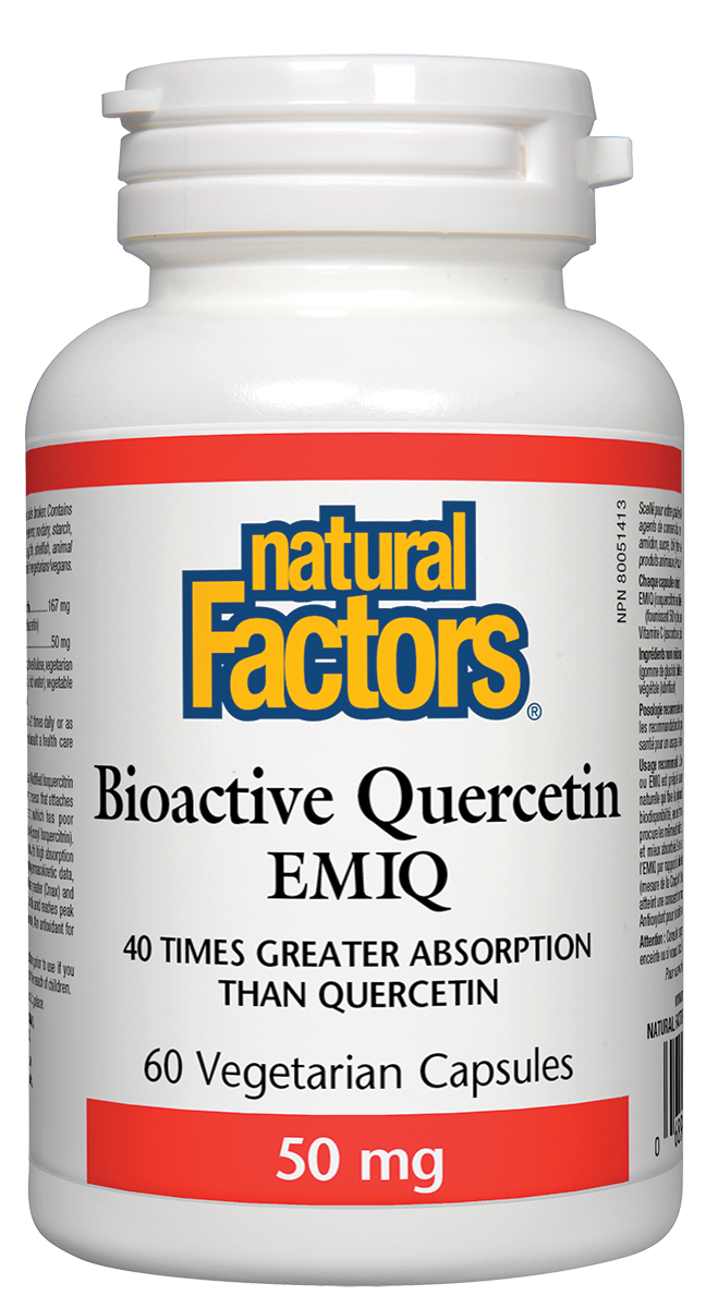 Enzymatically Modified Isoquercitrin (EMIQ) is a highly bioavailable form of quercetin, a bioflavonoid that exerts significant antioxidant effects and helps with immune function. Bioactive Quercetin EMIQ from Natural Factors offers consumers a more efficacious product. 